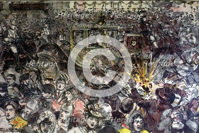 Attack against the Kings of Spain, Alphonse XIII and Victoria Eugenia at the exit of their weddin…