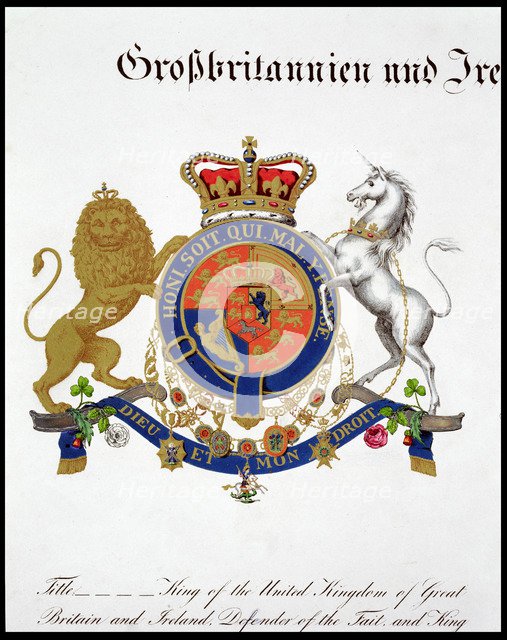 Crest of the King of the United Kingdom of Great Britain and Ireland and Hanover, 19th century. Artist: Unknown