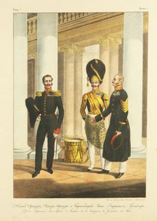 Staff Officer, Non-commissioned Officer, and Drummer of the Palace Guard Grenadiers, c. 1830. Artist: Alexandrov, Pyotr Alexandrovich (1794-?)