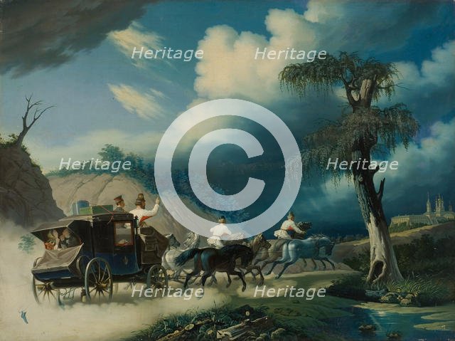Troika during a thunderstorm, 1830s. Creator: Hampeln, Carl, von (1794-after 1880).