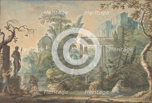 Arcadian Landscape with several Figures and a Statue of Apollo, 18th century. Creator: Gerard Melder.