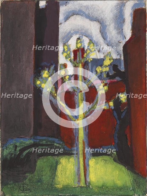 Young Tree in Red Courtyard, 1919. Creator: Oscar Bluemner.