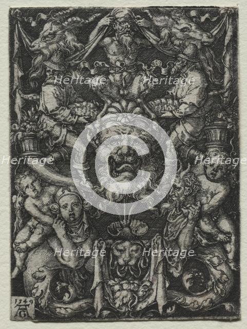Ornament Design with a Mask, A Couple of Tritons, and Two Children Below, 1549. Creator: Heinrich Aldegrever (German, 1502-1555/61).