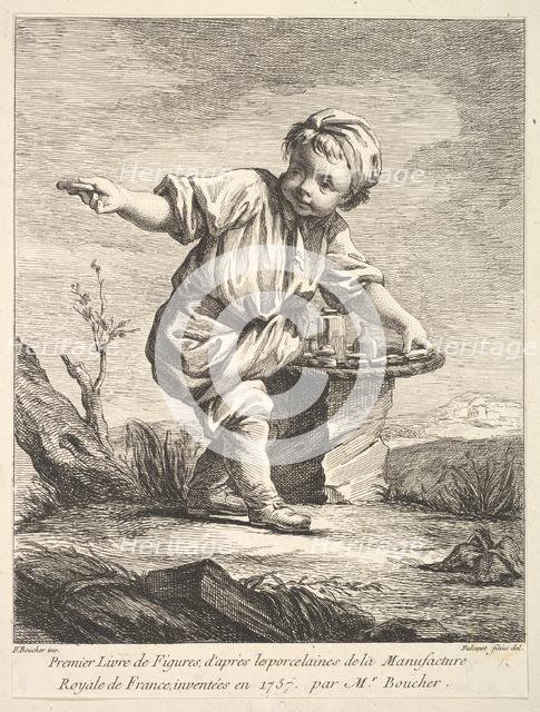 Frontispiece with litte boy holding a basket, from Premier Livre de Figures d'après les po..., 1757. Creator: Pierre Etienne Falconet.