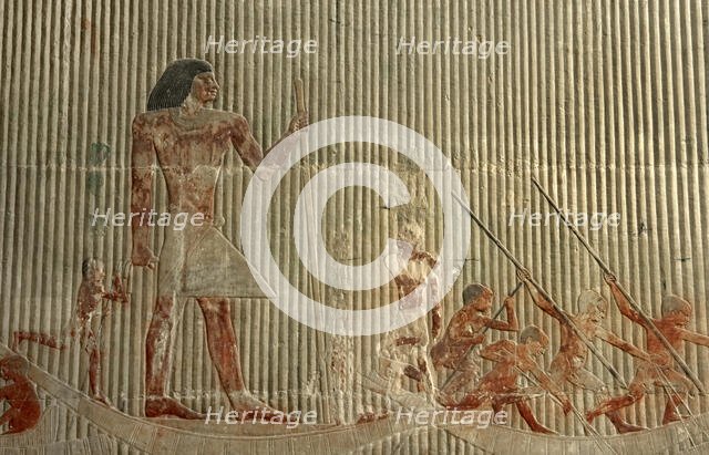 Relief detail  of hunting scene before Ti standing on a ship, Mastaba of Ti, Egypt,  2003. Creator: Unknown.