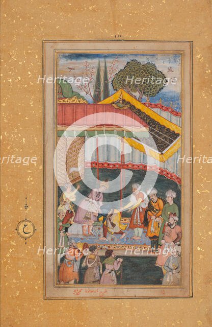 Emperor Babur Receiving a Visitor, Folio from a Baburnama (The Book of Babur), ca. 1590. Creator: Unknown.