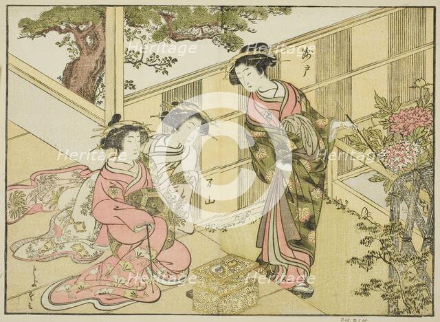 Courtesans of the Chojiya, from the book "A Comparison of Beauties of the Green Houses..., 1776. Creator: Shunsho.