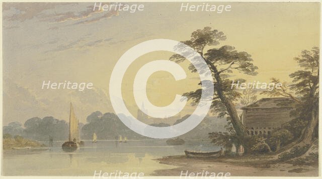River landscape with a church in the background, 19th century. Creator: Unknown.
