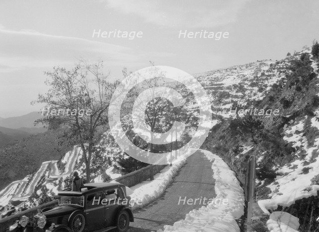Kitty Brunell's Talbot 14/45 saloon at the Monte Carlo Rally, 1930. Artist: Bill Brunell.