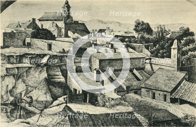 Quarry in Alt-Matzleinsdorf, with the parish church of St Florian in Vienna, 1814-1815, (1943). Creator: Ferdinand Olivier.