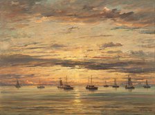 Sunset at Scheveningen: A Fleet of Fishing Vessels at Anchor, 1894. Creator: Hendrik Willem Mesdag.