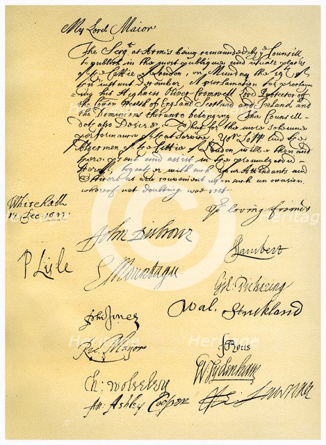 Letter to the Lord Mayor of London, 17th December 1653.Artist: Edward Montagu, 2nd Earl of Manchester