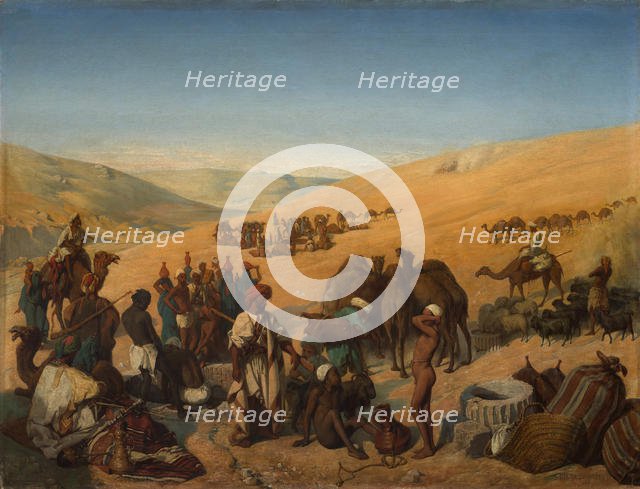 Halt of Caravans at the Wells of Saba (Beersheba) in the Desert South of Hebron, 1850. Creator: Charles-Louis-Frédy de Coubertin.