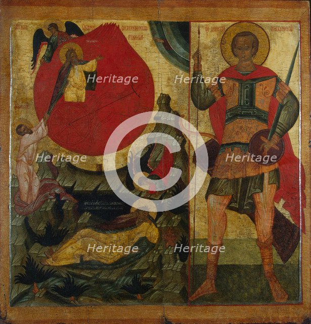 The Prophet Elijah and the Fiery Chariot. Saint Demetrius of Thessaloniki, Mid of 16th century. Artist: Russian icon  