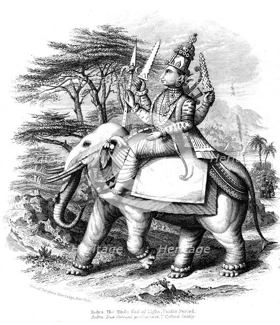 Indra, principal of the Vedic gods of India mounted on his elephant, c1880. Artist: Unknown