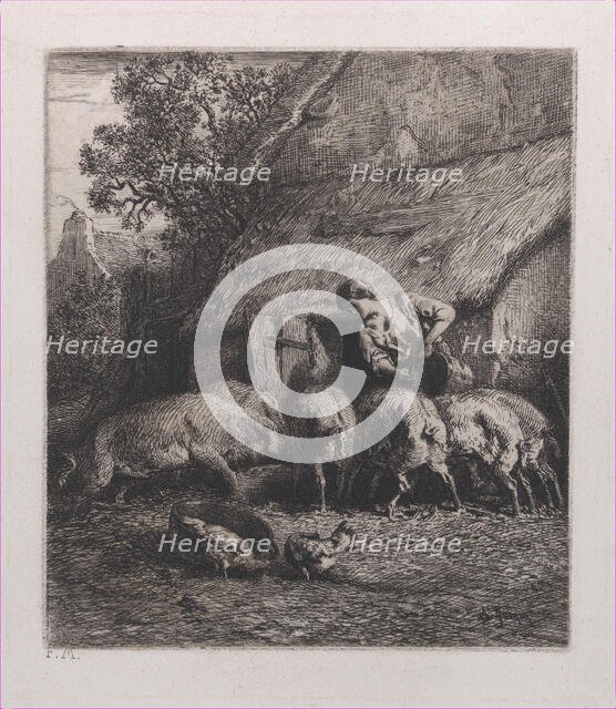 Woman Feeding Pigs, 1850. Creator: Charles Emile Jacque.