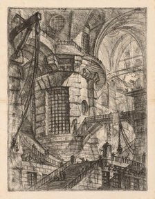 The Prisons: A Vaulted Building with a Central Column with Barred Window, 1745-1750. Creator: Giovanni Battista Piranesi (Italian, 1720-1778).