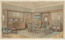 Dining room with green track on top along the walls, c.1925. Creator: Monogrammist HK.