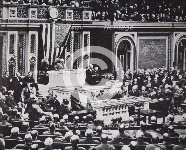 President Wilson in Congress recommending the US enter the war against Germany, 1917. Artist: Unknown