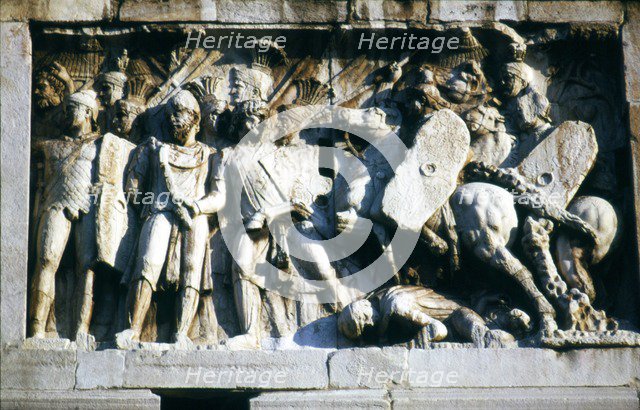 Roman Troops and Barbarians on the Arch of Constantine, relief detail, early 2nd century. Artist: Unknown.