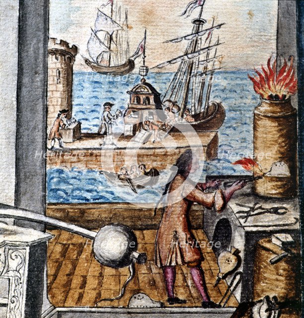 View of a workshop of silversmiths and at the bottom view of the discharging of a cargo ship in t…