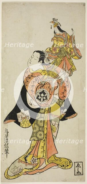 The Actor Yamashita Kinsaku holding a puppet of the Empress in the play "Diary Kept on a J..., 1725. Creator: Torii Kiyonobu II.