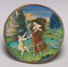 Plate with the reconciliation of Cupid and Minerva, 1525. Creator: Giorgio Andreoli workshop.