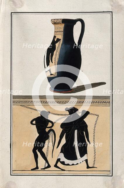 Above, black-figured Greek wine jug (oinochoe); below, detail of decoration showing a man..., 1760-9 Creator: Augustin Dahlsteen.