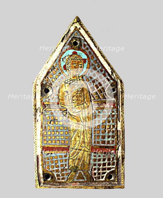 Plate with an image decorated with enamels.