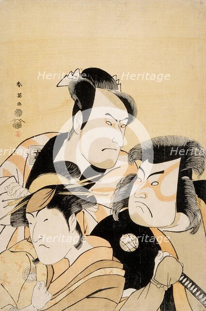 Bust Portrait of Three Actors Ichikawa Komazo II, Sakata Hangoro III, Nakayama Fukasaburo I, c1794. Creator: Katsukawa Shun'ei.