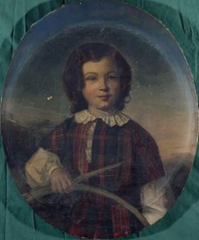 Portrait of a young boy in Scottish costume holding a hoop, between 1801 and 1900. Creator: Unknown.