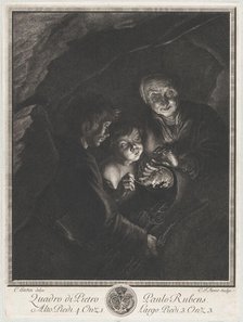 Night scene in a cave with an old woman holding burning coals in a pot, a boy blowi..., ca. 1750-57. Creators: Christian Friedrich Boëtius, Charles Hutin.