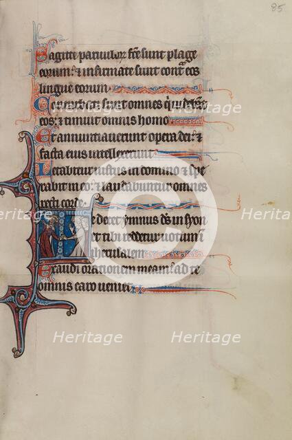 Initial T: Nebuchadnezzar Holding a Jewish Captive; Bute Psalter, text and illumination about 1285. Creator: Bute Master.