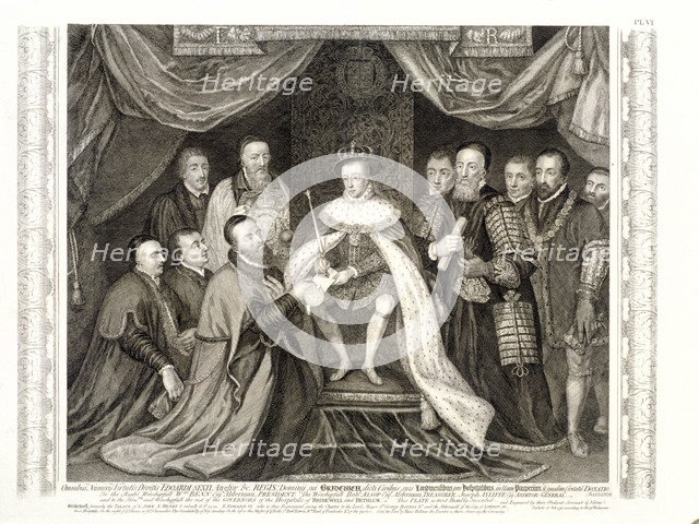 King Edward VI signing a charter, 1552, (1750). Artist: George Vertue