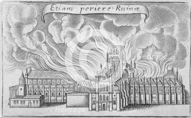 Old St Paul's Cathedral burning in the Great Fire of London, 1666. Artist: Wenceslaus Hollar