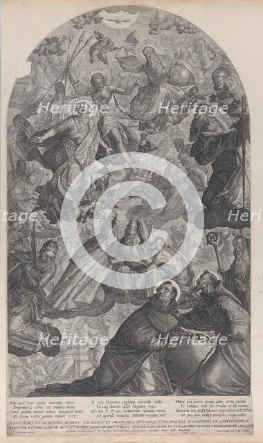 The vision of Saint Dominic, with God the Father and Christ at top center, the Virgin stan..., 1607. Creator: Raphael Sadeler II.