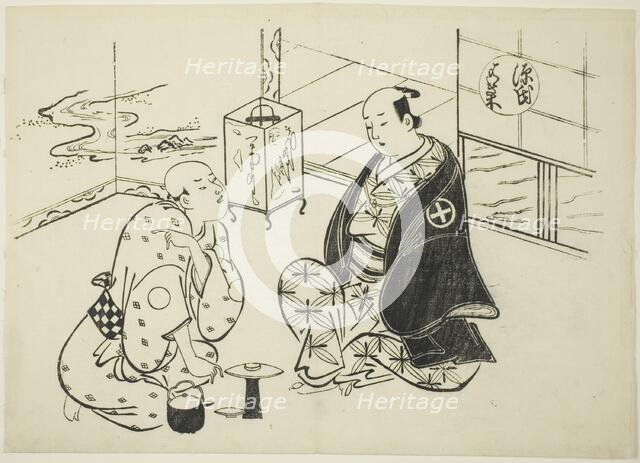 The Hahakigi Chapter from "The Tale of Genji" (Genji Hahakigi), from a series of Genji..., c.1710. Creator: Okumura Masanobu.