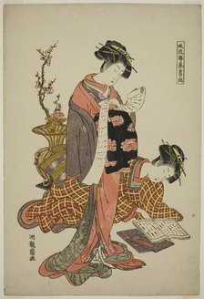 Calligraphy, from the series "Fashionable Versions of the Four Accomplishment..., c. 1776/81. Creator: Isoda Koryusai.
