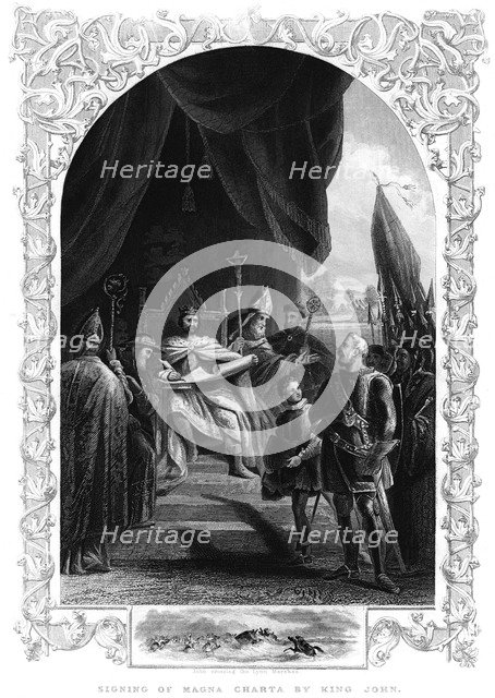 King John (1167-1216) signing the Magna Carta at Runnymede, 1215. Artist: Unknown