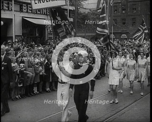 The English Contingent in the Parade of the World Congress for Leisure Time and Recreation..., 1938. Creator: British Pathe Ltd.