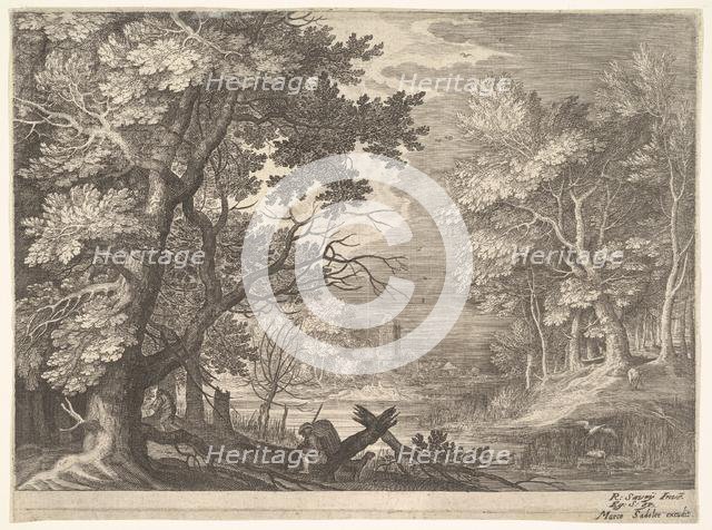 Woodland scene with marshy banks, two men and a dog in profile at left, two-long-necke..., ca. 1600. Creator: Aegidius Sadeler II.