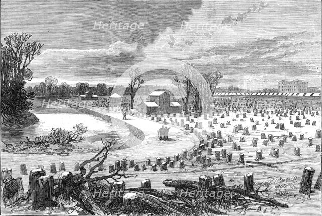 Lake in the Bois de Boulogne, Paris, (sketch by balloon post), 1871. Creator: Unknown.