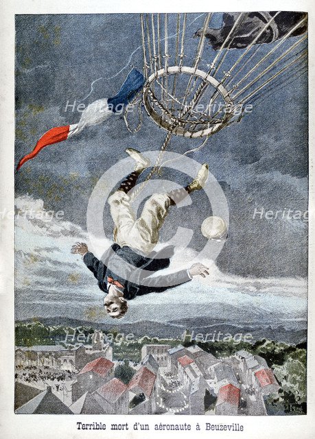 Death of an aeronaut over Beuzeville, France, 1899. Artist: Unknown