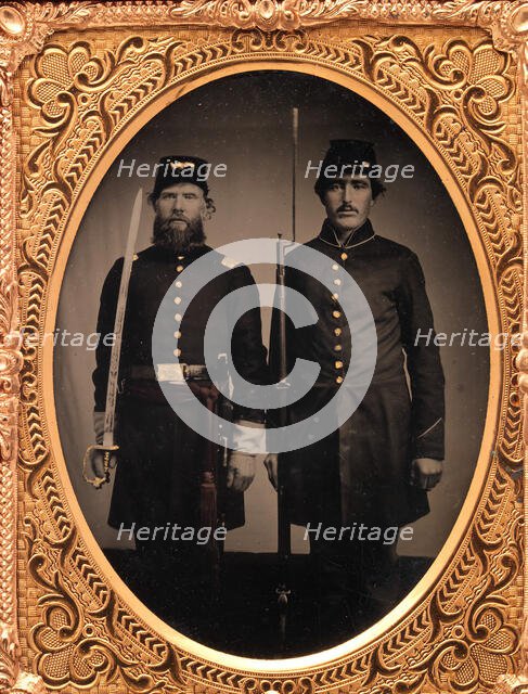 Union Officer and Private, Standing at Attention, with Sword and Rifle with Fixed Bayo..., 1861-65. Creator: Unknown.