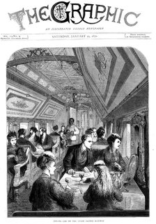 Dining car on the Union Pacific Railroad, USA, 1870. Artist: Unknown