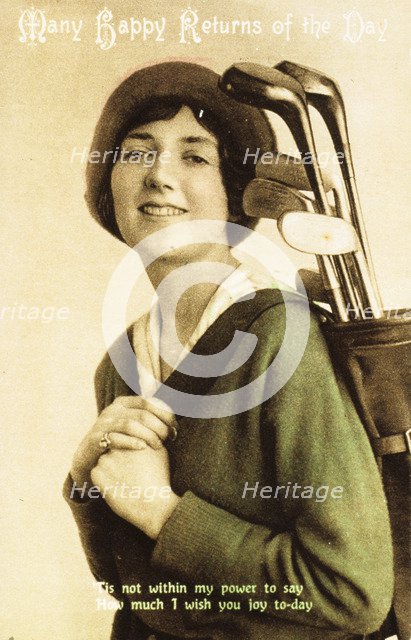 Birthday postcard with a picture of a woman golfer, c1908. Artist: Unknown