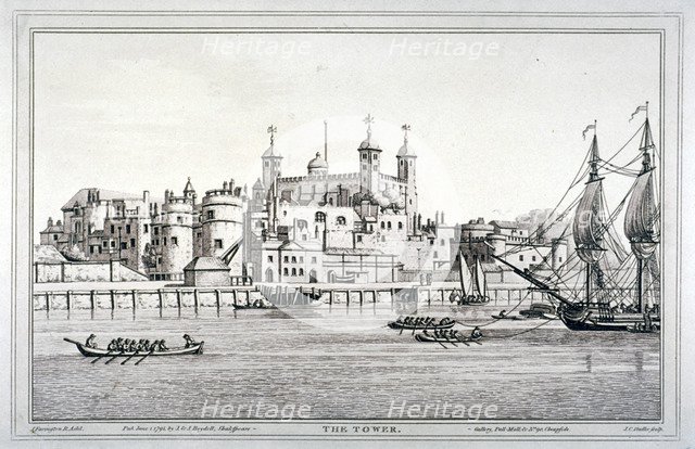 South view of the Tower of London with boats on the River Thames, 1795. Artist: Joseph Constantine Stadler