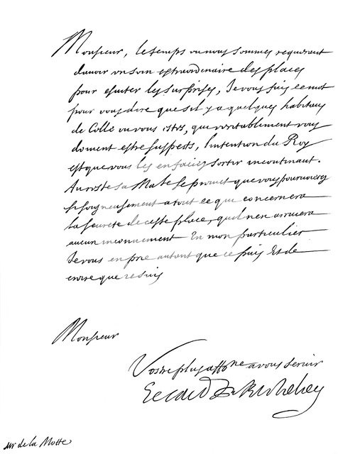 Letter by Cardinal Richelieu, to Monsieur de la Motte, 17th century (1865).Artist: Frederick George Netherclift