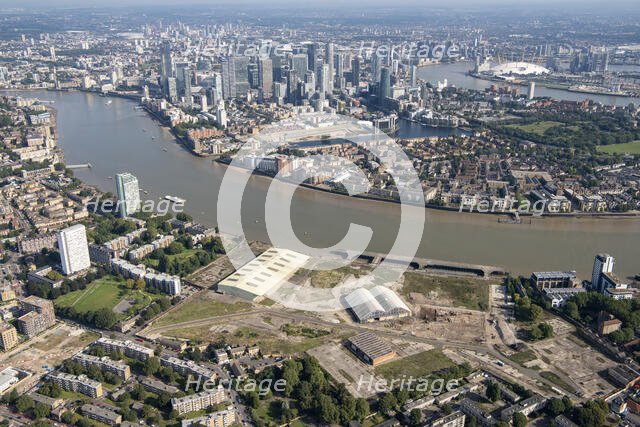 View from Deptford towards Millwall, Canary Wharf and the Millennium Dome, London, 2021. Creator: Damian Grady.