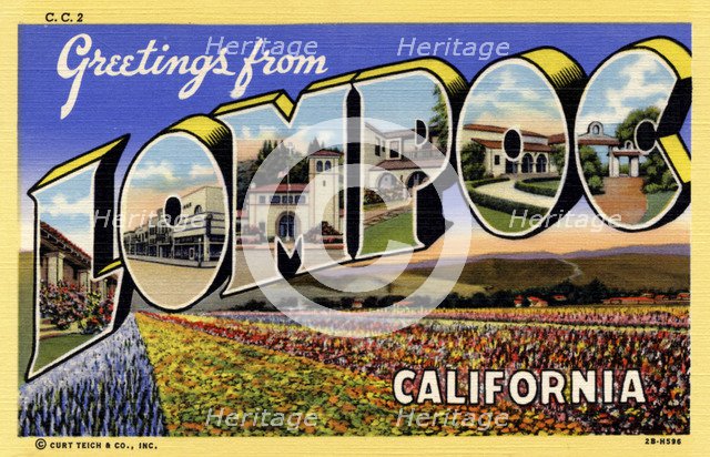 'Greetings from Lompoc, California', postcard, 1942. Artist: Unknown